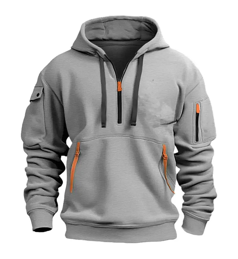 Moletom com capuz masculino - moda primavera e outono. Com zíper multi-bolso é perfeito para o dia a dia.