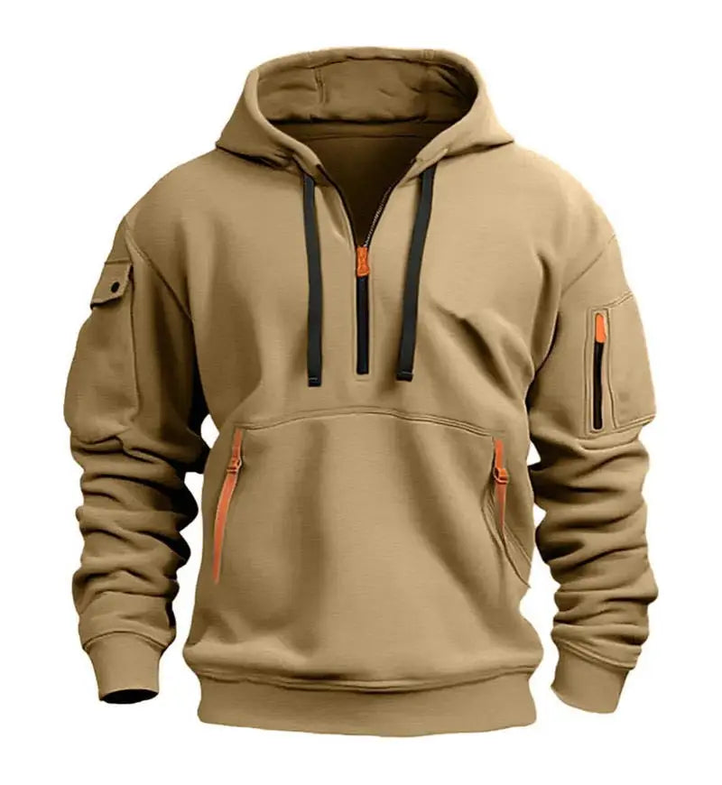 Moletom com capuz masculino - moda primavera e outono. Com zíper multi-bolso é perfeito para o dia a dia.