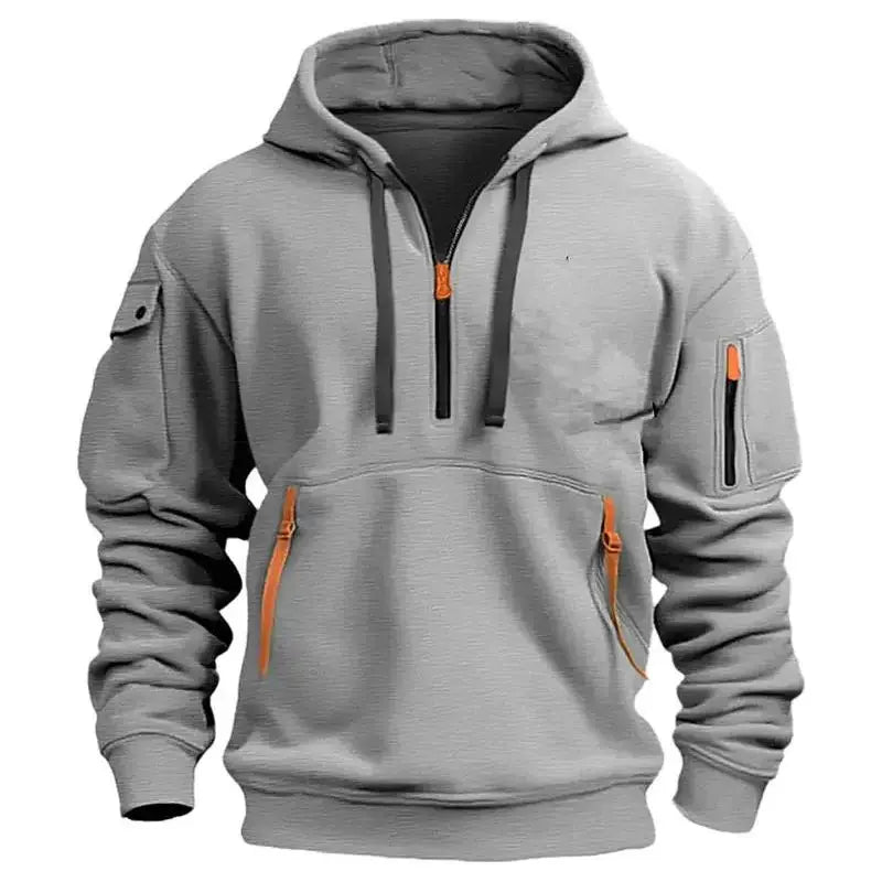 Moletom com capuz masculino - moda primavera e outono. Com zíper multi-bolso é perfeito para o dia a dia.